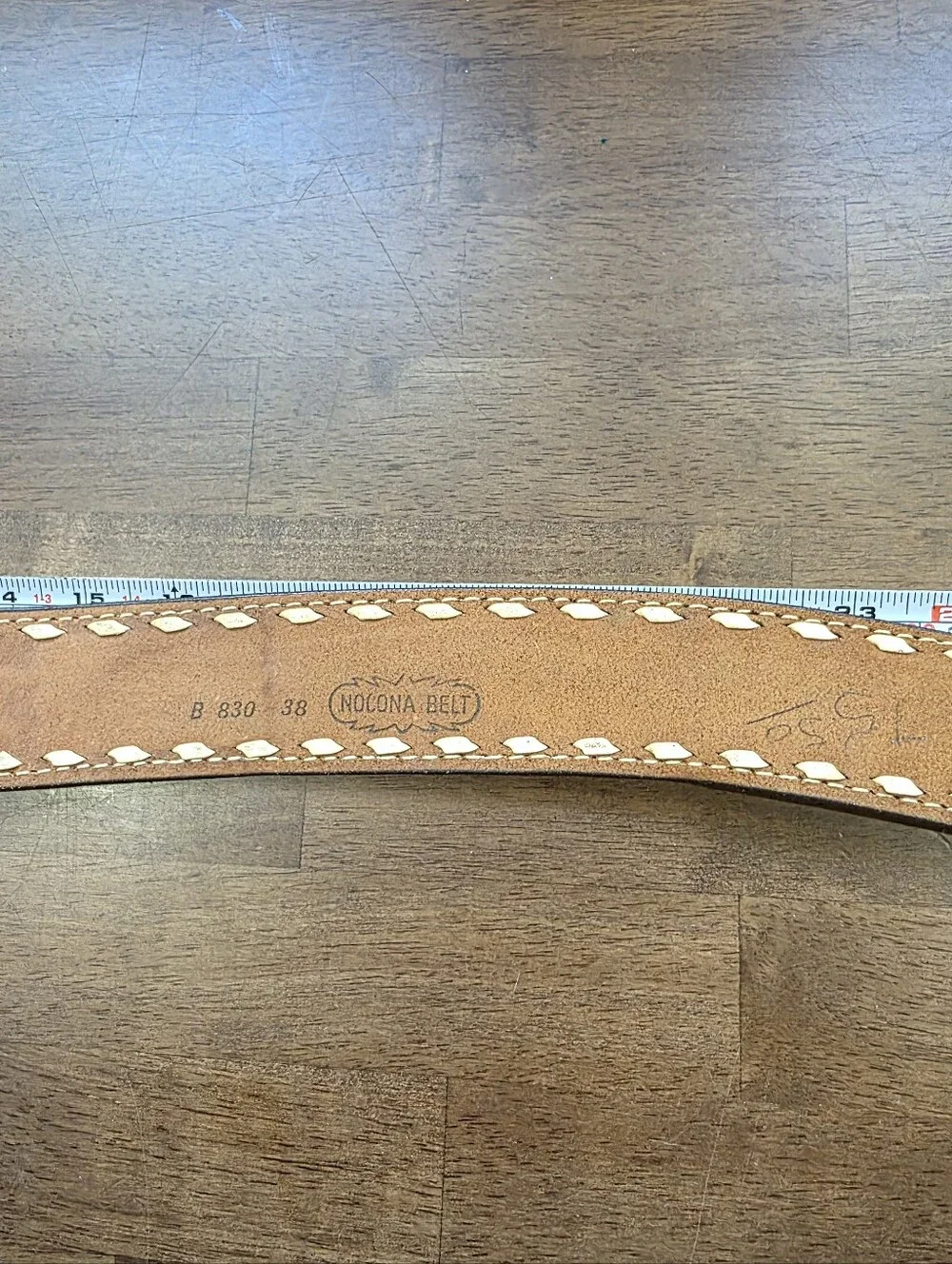 Vintage Nocona Hand Tooled Leather Western Belt Size 38 Buckstitch Agate Buckle